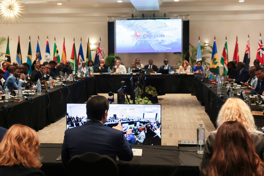 U.S. Secretary of State Marco Rubio, front center, attends the Caribbean Community (CARICOM) plenary session in Basseterre, Saint Kitts and Nevis, Wednesday, Feb. 25, 2026. (Jonathan Ernst/Pool photo via AP)