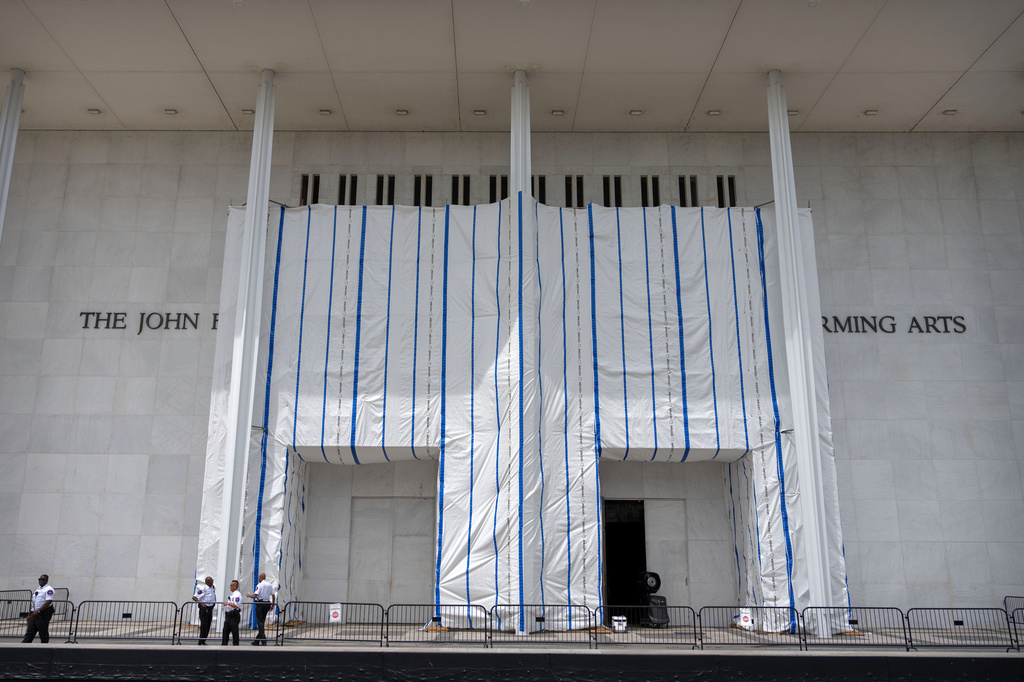 The exterior of the Kennedy Center is seen, Friday, July 31, 2026, in Washington. (AP Photo/Mark Schiefelbein)