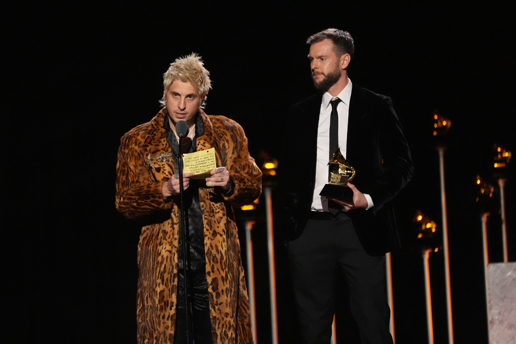 Andrew Watt, left, and Circut accept the award for best dance pop recording for "Abracadabra" by Lady Gaga during the 68th annual Grammy Awards on Sunday, Feb. 1, 2026, in Los Angeles. (AP Photo/Chris Pizzello)