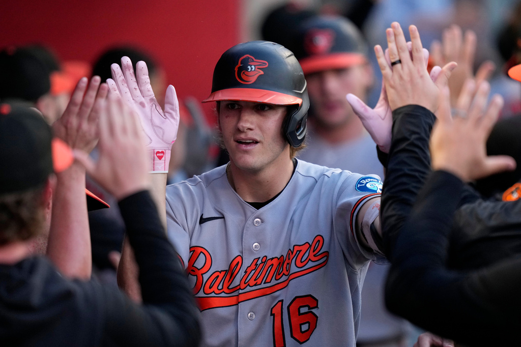 Baltimore Orioles' Coby Mayo is congratulated by teammates in the dugout after hitting a three-run home run during the fourth inning of a baseball game against the Los Angeles Angels, Monday, June 22, 2026, in Anaheim, Calif. (AP Photo/Mark J. Terrill)