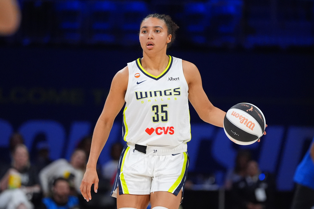 Dallas Wings guard Azzi Fudd dribbles during the first half of a WNBA basketball game against the Phoenix Mercury in Arlington, Texas, Thursday, June 11, 2026. (AP Photo/LM Otero)