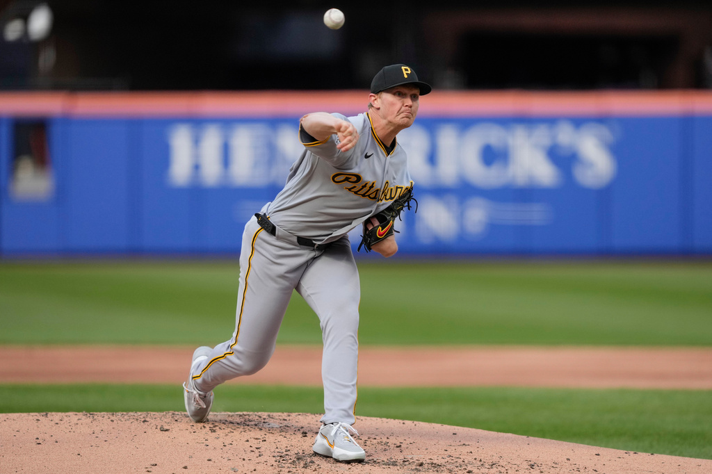 Pittsburgh Pirates' pitcher Mitch Keller (23) throws during the second inning of a baseball game against the New York Mets, Saturday, March 28, 2026, in New York. (AP Photo/Yuki Iwamura)