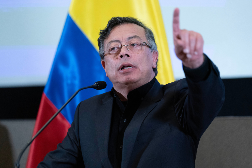 Colombia's President Gustavo Petro speaks during a news conference at the Colombian embassy in Washington, Tuesday, Feb. 3, 2026. (AP Photo/Jose Luis Magana)