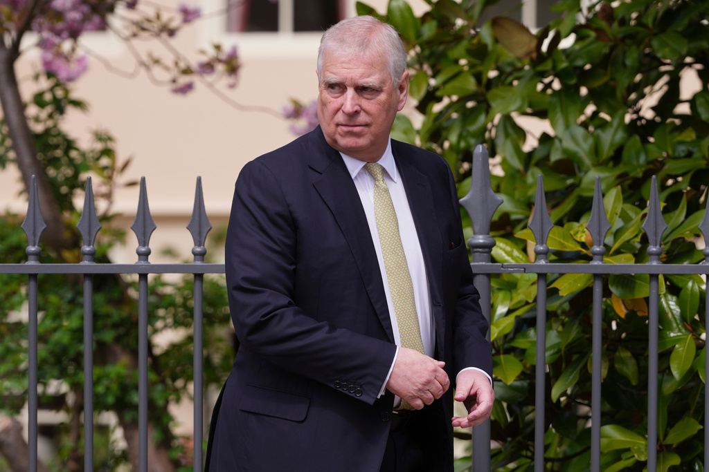 FILE - Prince Andrew looks round as he leaves after attending the Easter Matins Service at St. George's Chapel, Windsor Castle, England, April 20, 2025. (AP Photo/Kirsty Wigglesworth, File)