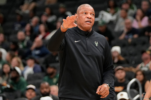Milwaukee Bucks Head Coach Doc Rivers talks to his players during the second half of a preseason NBA basketball game against the Oklahoma City Thunder on Tuesday, Oct. 14, 2025, in Milwaukee. (AP Photo/Kayla Wolf) Milwaukee Bucks Head Coach Doc Rivers talks to his players during the second half of a preseason NBA basketball game against the Oklahoma City Thunder on Tuesday, Oct. 14, 2025, in Milwaukee. (AP Photo/Kayla Wolf)