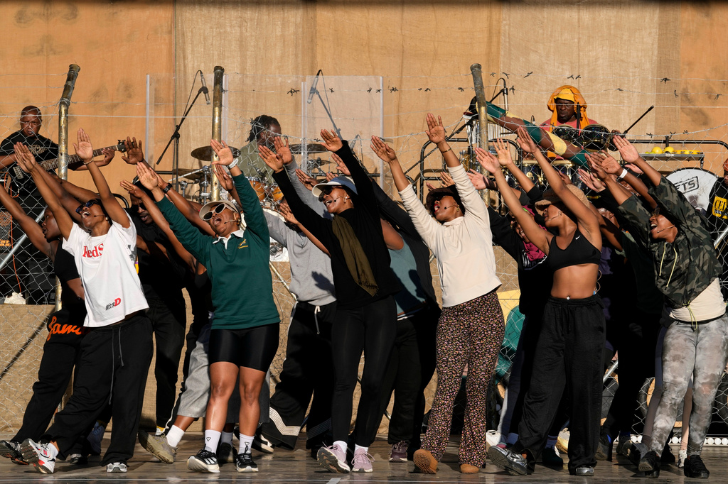 Sarafina cast members performs during rehearsal at Jabulani Amphitheatre, in Soweto, South Africa, Monday, June 15, 2026. (AP Photo/Themba Hadebe)