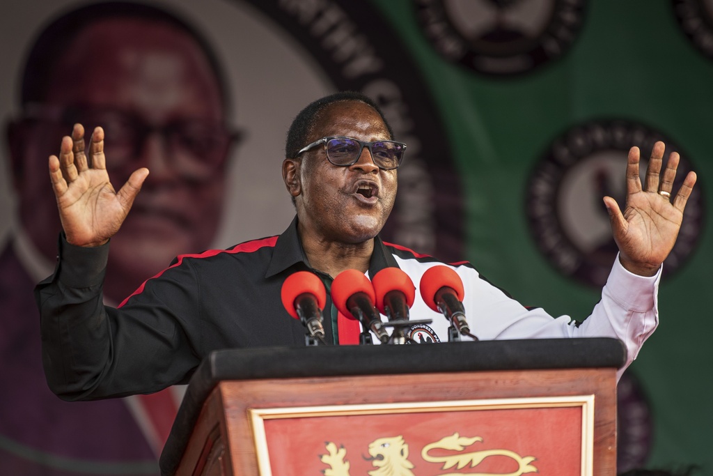 Malawi Congress Party (MCP) leader and Malawian President Lazarus Chakwera speaks at a campaign rally in Blantyre, Malawi, Sunday, Sept. 7, 2025. (AP Photo/Thoko Chikondi)