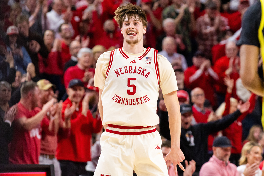 Nebraska forward Braden Frager (5) celebrates after scoring against Oregon during the first half of an NCAA college basketball game, Tuesday, Jan. 13, 2026, in Lincoln, Neb. (AP Photo/Bonnie Ryan)