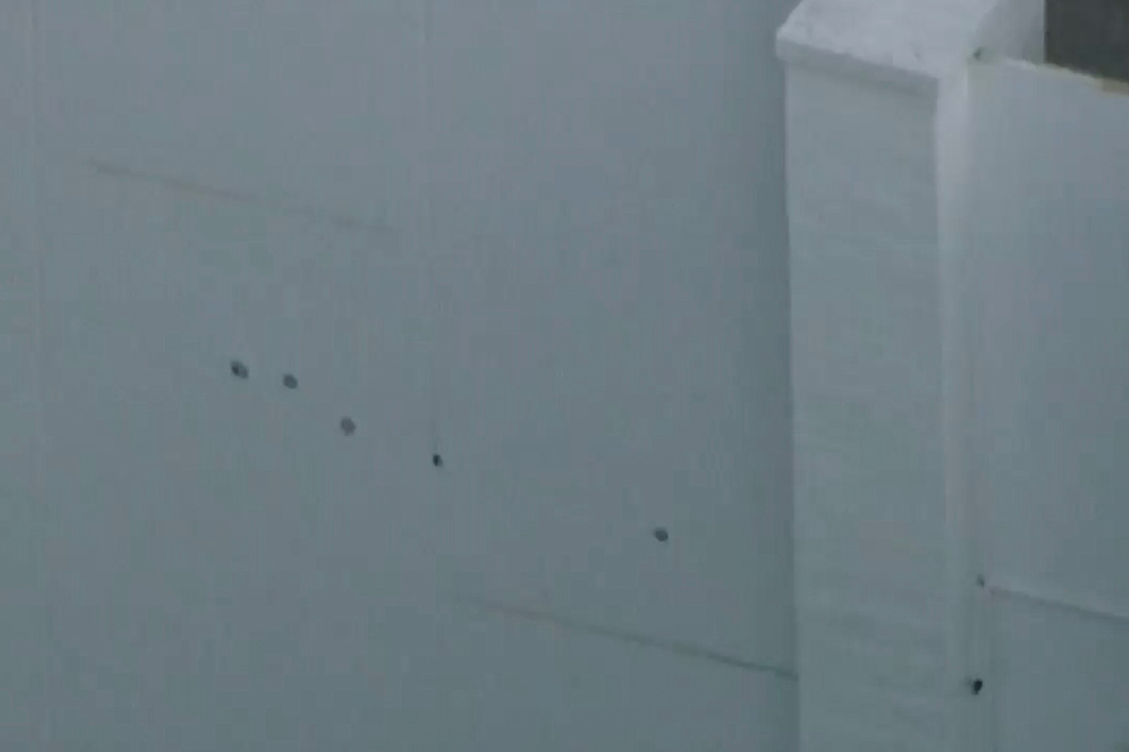This image taken from video provided by ABC7 Los Angeles on Monday, March 9, 2026 shows what appears to be bullet holes on a wall at singer Rihanna's home in Los Angeles. (ABC7 Los Angeles via AP)