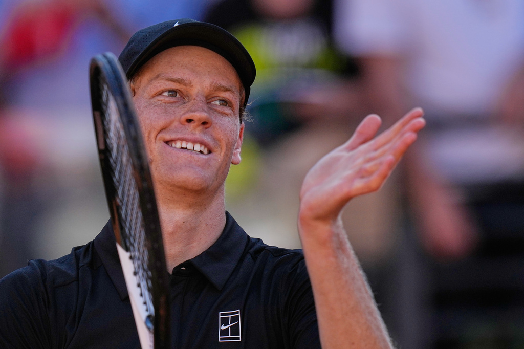 Italy's Jannik Sinner reacts after beating Australia's Alexei Popyrin 6-2, 6-0, after their match at the Italian Open tennis tournament in Rome, Monday, May 11, 2026. (AP Photo/Alessandra Tarantino)