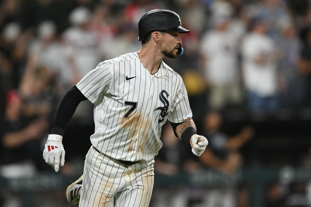Chicago White Sox's Brenton Doyle watches his three-run home run during the sixth inning of a baseball game against the Texas Rangers in Chicago, Wednesday, Aug. 26, 2026. (AP Photo/Paul Beaty)