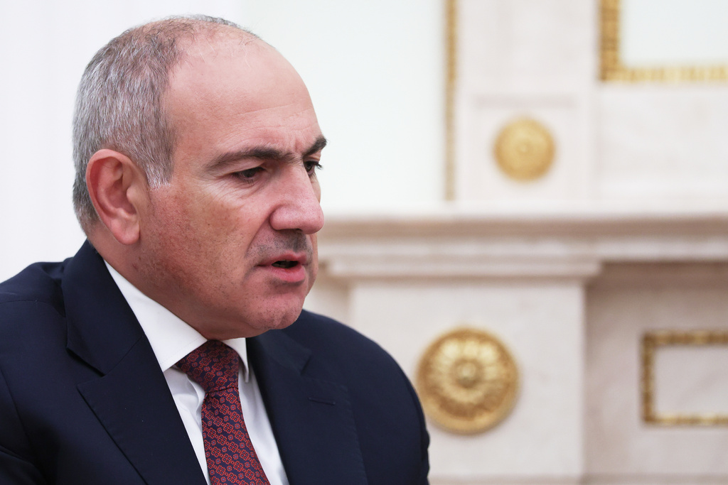 Armenian Prime Minister Nikol Pashinyan attends a meeting with Russian President Vladimir Putin at the Senate Palace of the Kremlin in Moscow, Russia, Friday, Sept. 26, 2025. (Ramil Sitdikov/Pool Photo via AP)