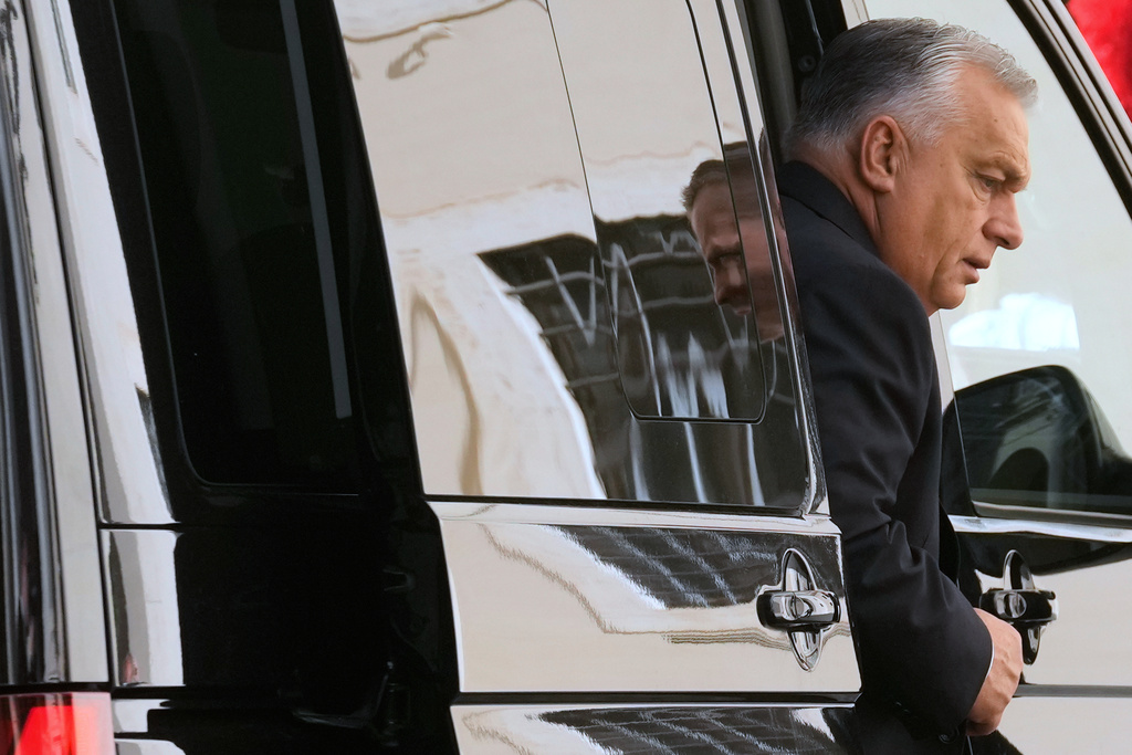 Hungary's Prime Minister Viktor Orban arrives in the St. Damasus Courtyard for a private audience with Pope Leo XIV, at the Vatican, Monday, Oct. 27, 2025. (AP Photo/Gregorio Borgia)