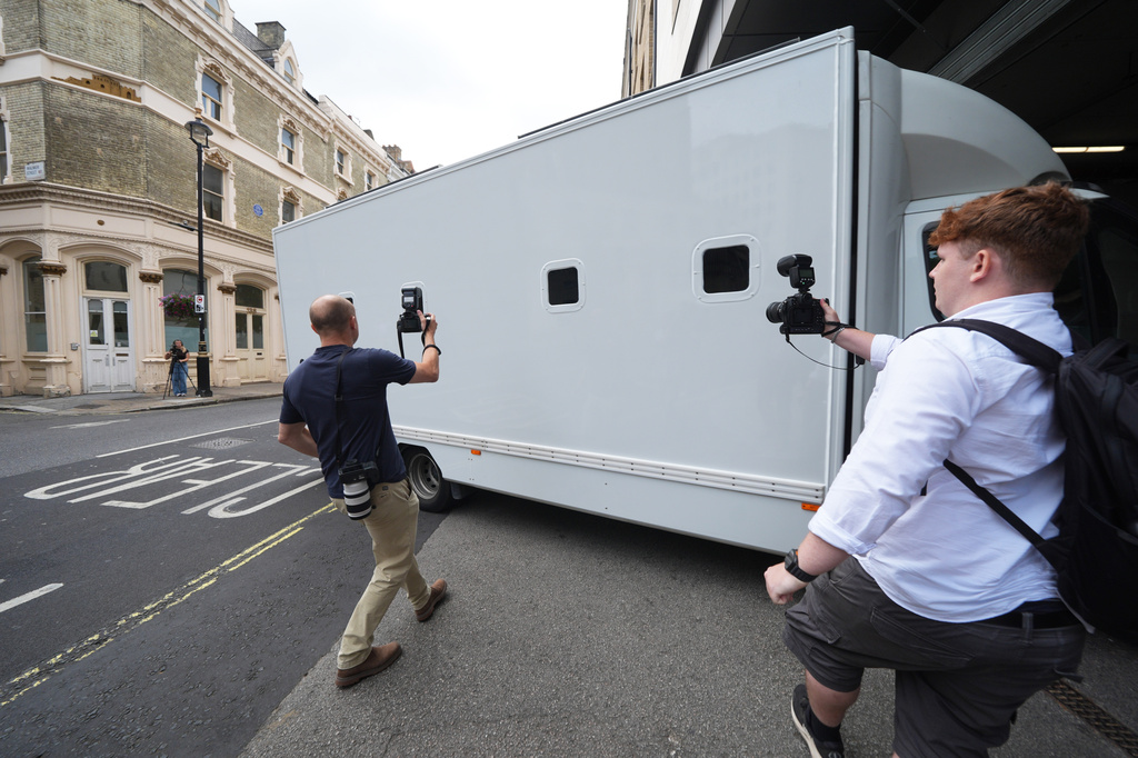 A prison van arriving at Westminster Magistrates' Court in London, Tuesday, July 21, 2026 where Joshua Kerry is due to appear charged with the murder of MP Ann Widdecombe. (Yui Mok/PA via AP)