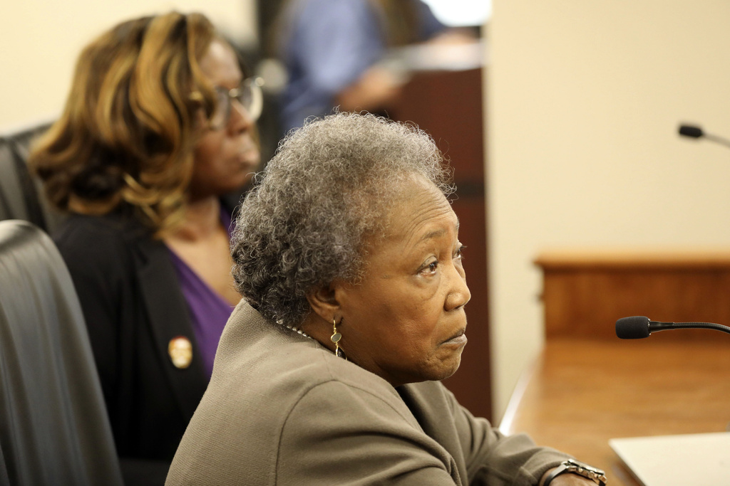 FILE- Emanuel AME shooting survivors Felicia Sanders, rear, and Polly Sheppard, front, speak during a South Carolina Senate subcommittee hearing on a hate crimes bill, Tuesday, March 28, 2023, in Columbia, S.C. (AP Photo/Jeffrey Collins, File)