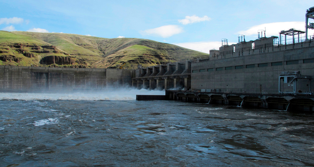 FILE - Water moves through a spillway of the Lower Granite Dam on the Snake River near Almota, Wash., April 11, 2018. (AP Photo/Nicholas K. Geranios, File)