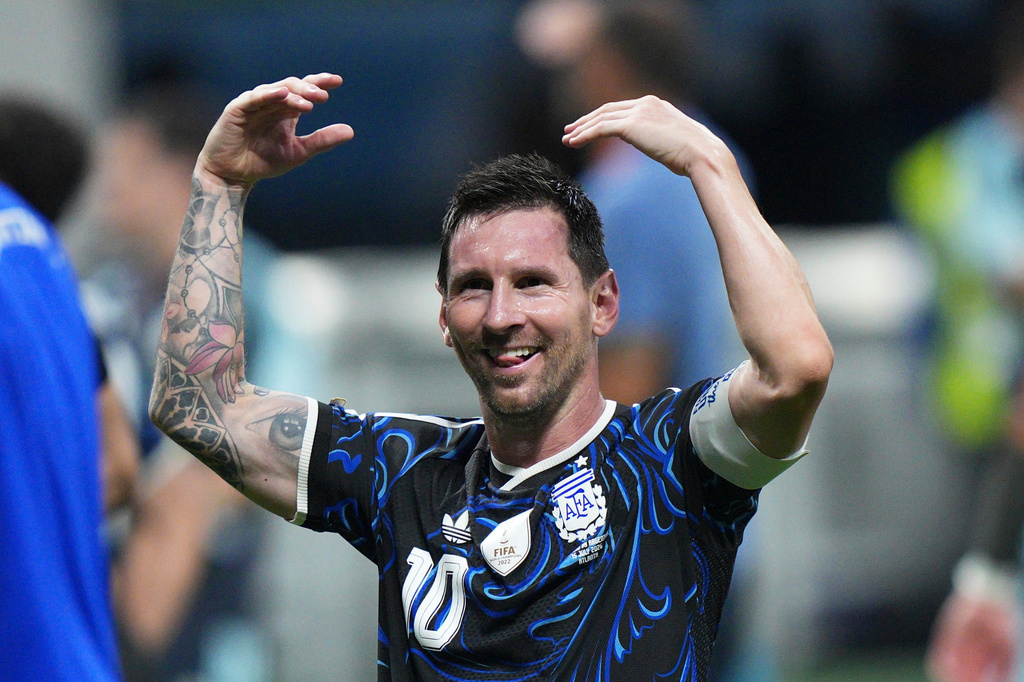 Argentina's Lionel Messi (10) reacts after their win in the World Cup semifinal soccer match between England and Argentina in Atlanta, Wednesday, July 15, 2026. (AP Photo/Jacob Kupferman)