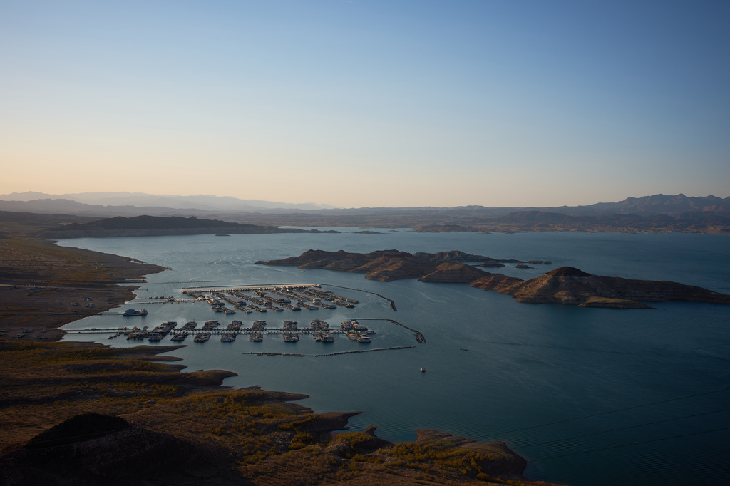 Boats are moored at a marina on Lake Mead at the Lake Mead National Recreation Area on Tuesday, June 30, 2026, near Boulder City, Nev. (AP Photo/John Locher)