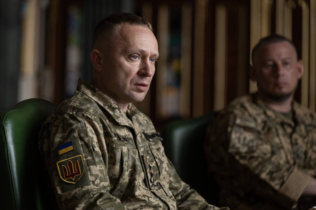 In this photo provided by the Ukrainian Presidential Press Office, new commander-in-chief of Ukraine's Armed Forces Mykhailo Drapatyi looks on during his meeting with Ukrainian President Volodymyr Zelenskyy in Kyiv, Ukraine, Monday, July 20, 2026. (Ukrainian Presidential Press Office via AP)