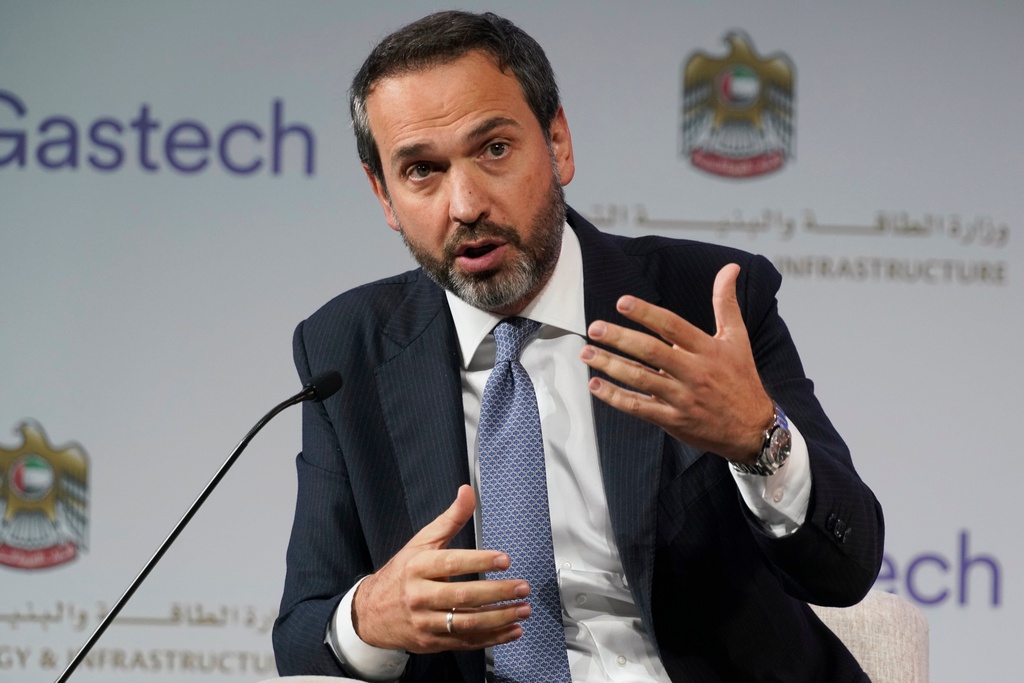 FILE -Turkish Deputy Energy Minister Alparslan Bayraktar gestures during a discussion on stage at the Gastech 2021 conference in Dubai, United Arab Emirates, Sept. 21, 2021. (AP Photo/Jon Gambrell, File)