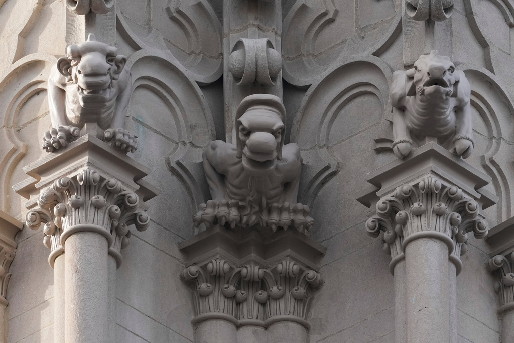 A general view of gargoyles on the Cathedral Basilica of the Assumption, Thursday, Jan. 8, 2026, in Covington, Kentucky. (AP Photo/Jeff Dean)