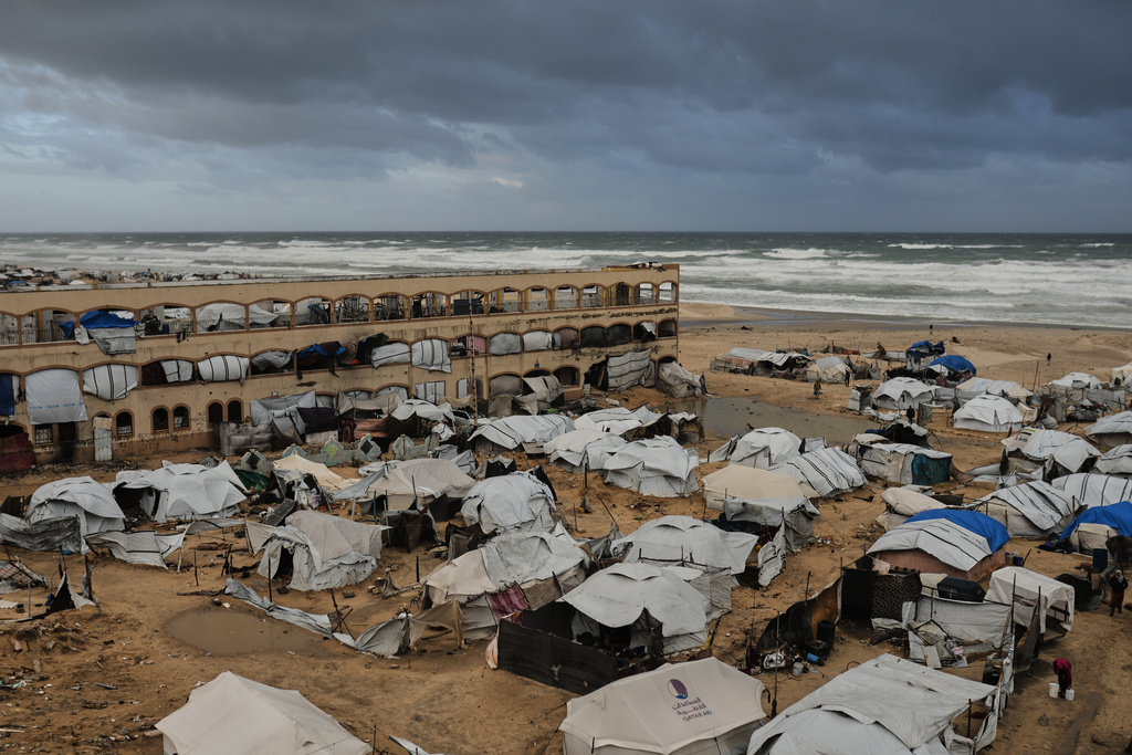 FILE - A displacement camp sheltering Palestinians on a beach amid stormy weather is seen in Gaza City, Jan. 13, 2026. (AP Photo/Jehad Alshrafi, File)
