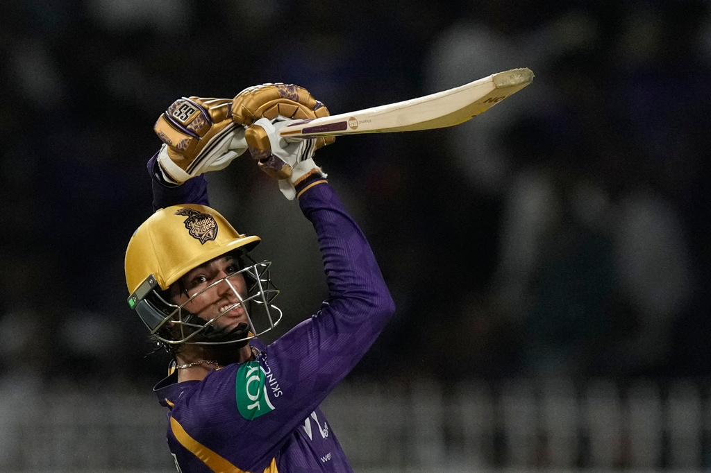 Kolkata Knight Riders' Angkrish Raghuvanshi hits a six during the Indian Premier League cricket match between Gujarat Titans and Kolkata Knight Riders, in Kolkata , India, Saturday, May 16, 2026. (AP Photo/Bikas Das)