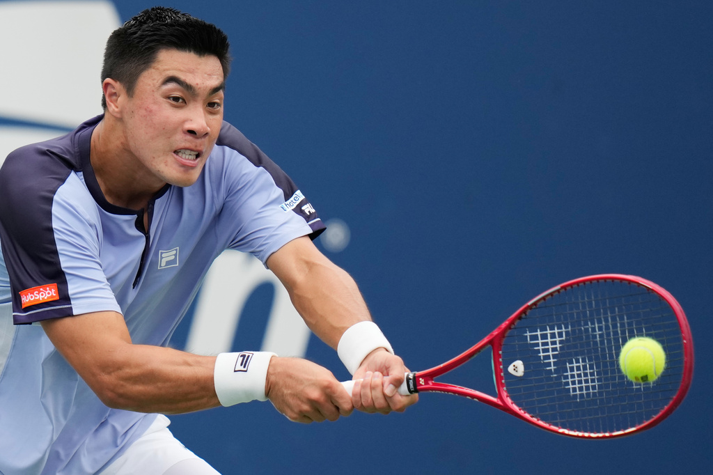 Brandon Nakashima, of the United States, returns the ball to Alex Michelsen, of the United States, during the second round of the U.S. Open tennis championships Wednesday, Sept. 2, 2026, in New York. (AP Photo/Seth Wenig)