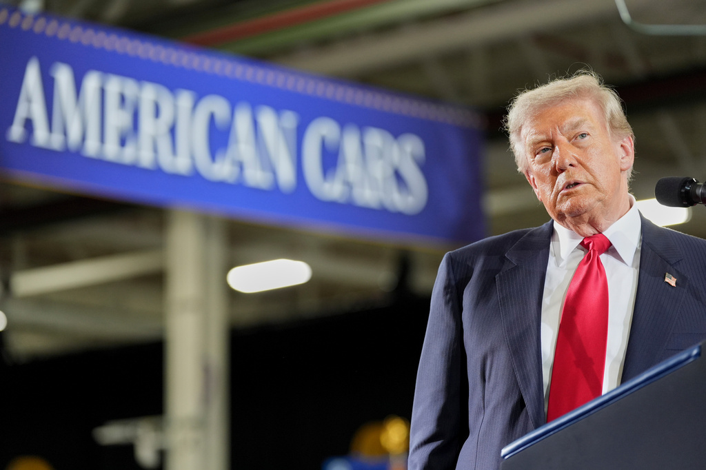 President Donald Trump pauses during a speech at General Motors proving ground, Monday, July 27, 2026, in Milford, Mich. (AP Photo/Alex Brandon)