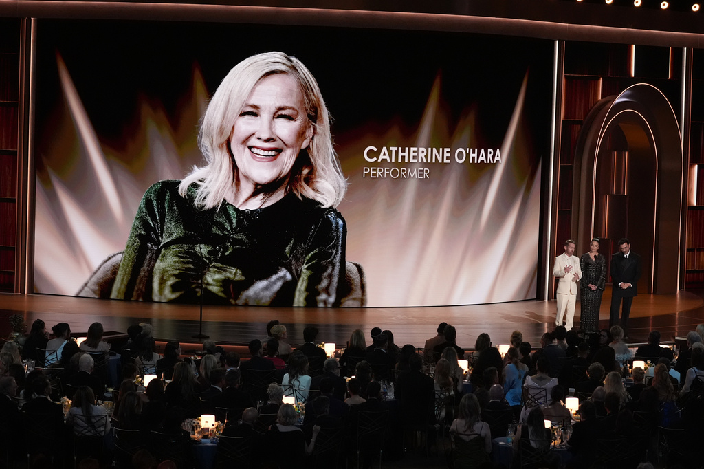 Macaulay Culkin, from left, Annie Murphy, and Dan Levy pay tribute to Catherine O'Hara during the 78th Emmy Awards on Monday, Sept. 14, 2026, at the Peacock Theater in Los Angeles. (AP Photo/Chris Pizzello)