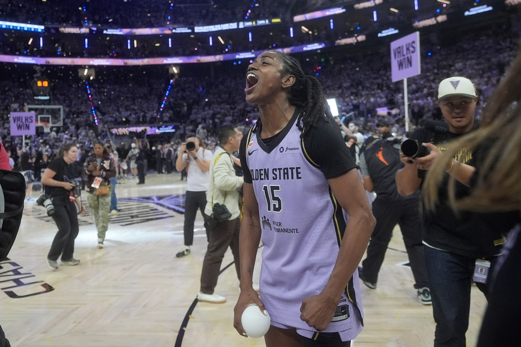 Golden State Valkyries guard Tiffany Hayes (15) celebrates after Game 3 of a WNBA basketball first-round playoff series against the Dallas Wings, Friday, Oct. 2, 2026, in San Francisco. (AP Photo/Jeff Chiu)