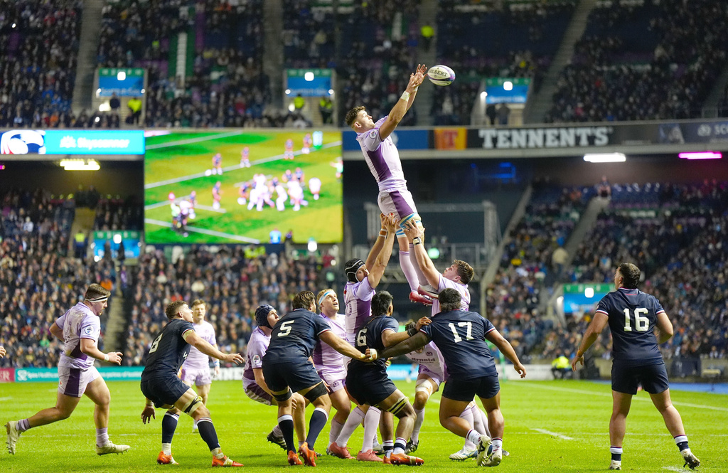 Scotland's Magnus Bradbury wins the line out during the rugby union Series match between Scotland and the USA at in Edinburgh, Saturday, Nov. 4, 2025. (Jane Barlow/PA via AP)