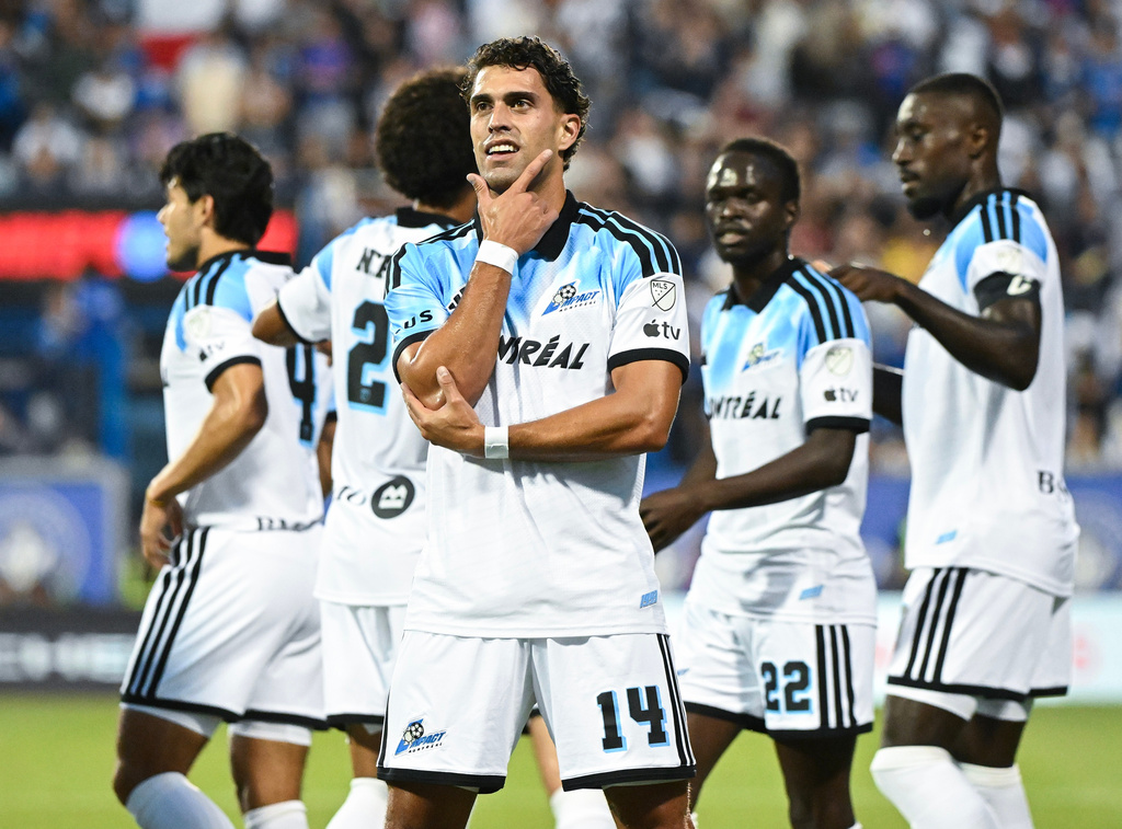 CF Montreal's Daniel Rios (14) reacts after scoring against LA Galaxy during the first half MLS soccer game in Montreal, Saturday, Aug. 22, 2026. (Graham Hughes/The Canadian Press via AP)