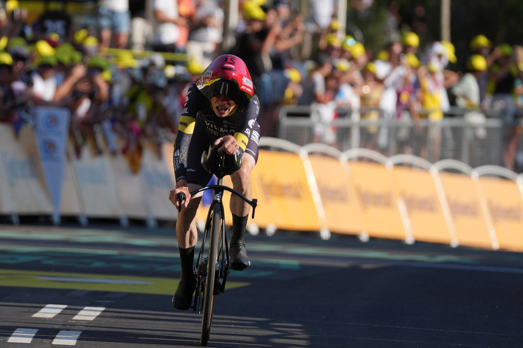 Denmark's Jonas Vingegaard of Team Visma competes during the first stage of the Tour de France cycling race, a team time-trial over 19.6 kilometers (11.8 miles) with start and finish in Barcelona, Spain, Saturday, July 4, 2026. (AP Photo/Thibault Camus)