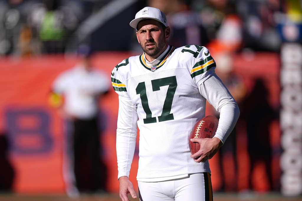 FILE - Green Bay Packers kicker Brandon McManus looks on before an NFL football game, Dec. 14, 2025, in Denver. (AP Photo/David Zalubowski, File)