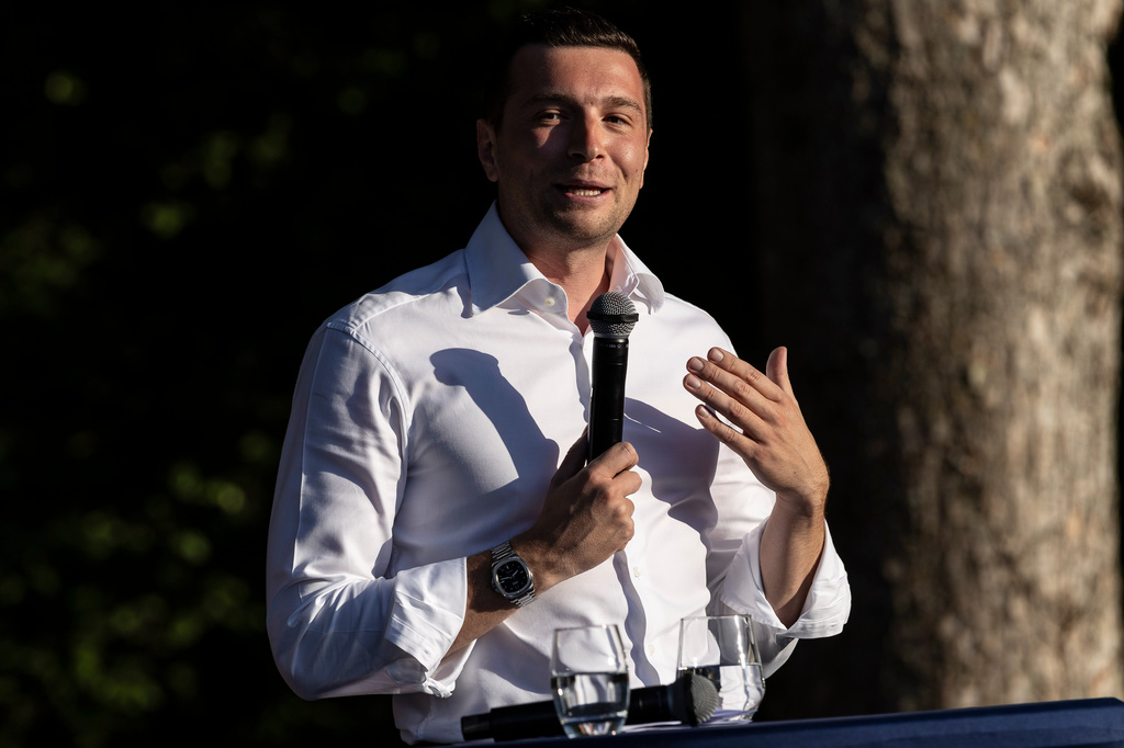 Far-right party National Rally president Jordan Bardella speaks during a rally in Lievin, northern France, Saturday, July 4, 2026. (AP Photo/Jean-Francois Badias)