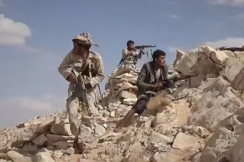 This image taken from an undated video released Tuesday, Sept. 15, 2026, by the Ansar Allah Media Office, the media arm of Yemen's Houthi rebels, shows what the group says are Houthi fighters battling Saudi-backed forces in eastern Jawf, Yemen. (Ansar Allah Media Office via AP)