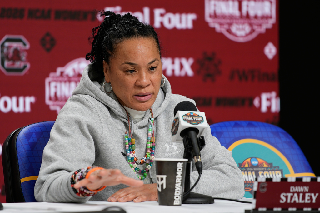 South Carolina head coach Dawn Staley speaks during a news conference at the NCAA college basketball tournament Final Four, Saturday, April 4, 2026, in Phoenix. (AP Photo/John Locher)