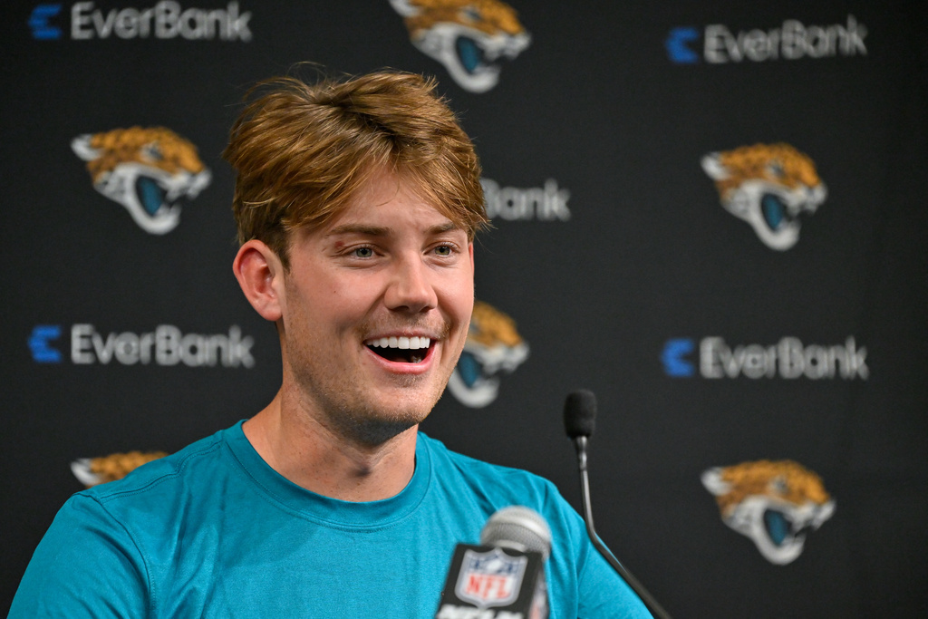 Jacksonville Jaguars place kicker Cam Little speaks to reporters after an NFL football game against the Las Vegas Raiders, Sunday, Nov. 2, 2025, in Las Vegas. (AP Photo/David Becker)