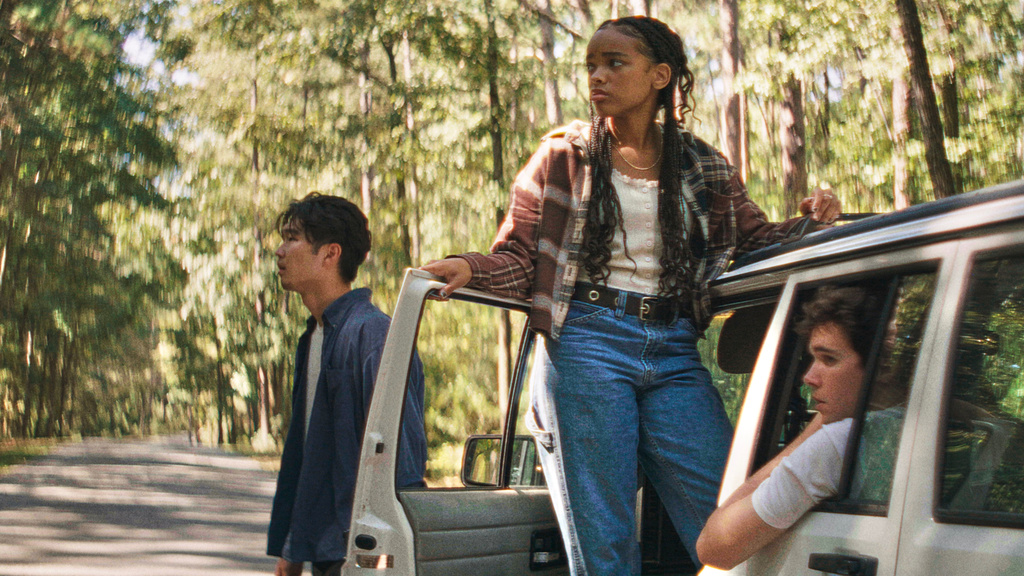 This image released by Neon shows Phinehas Yoon, from left, Akira Jackson, and Noah Toth in a scene from "It Ends." (Neon via AP)