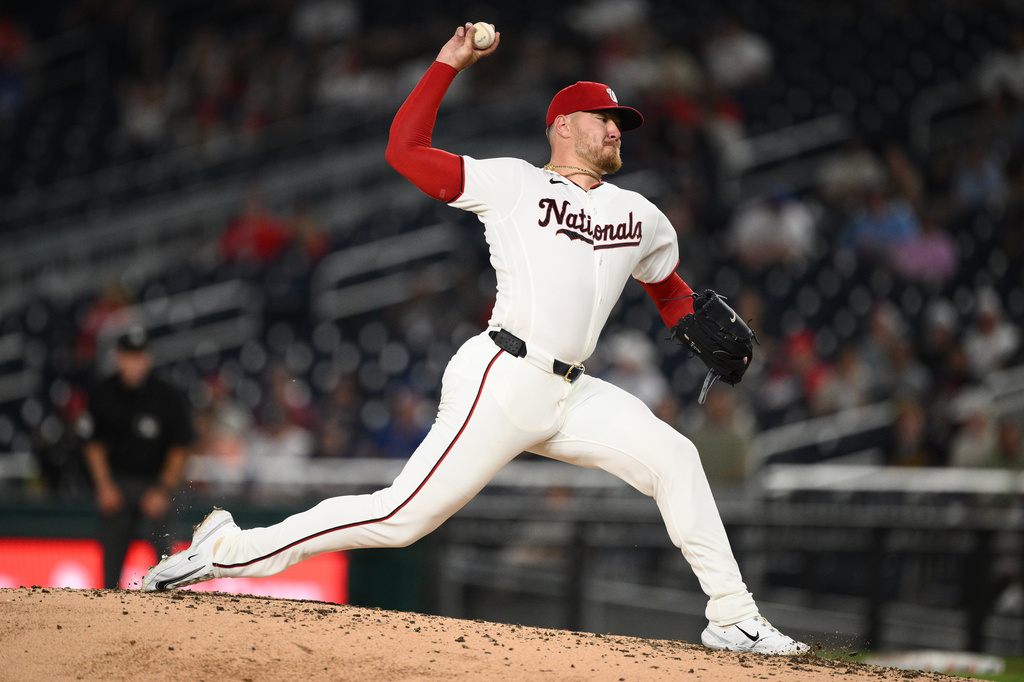 Washington Nationals pitcher Cade Cavalli throws during the third inning of a baseball game against the Toronto Blue Jays, Tuesday, July 28, 2026, in Washington. (AP Photo/Nick Wass)