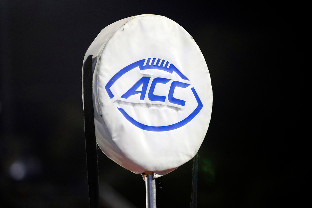FILE - The ACC logo sits atop the chain marker during the second half of an NCAA college football game between Duke and North Carolina A&T in Durham, N.C., Sept. 7, 2019. (AP Photo/Karl B DeBlaker, File)