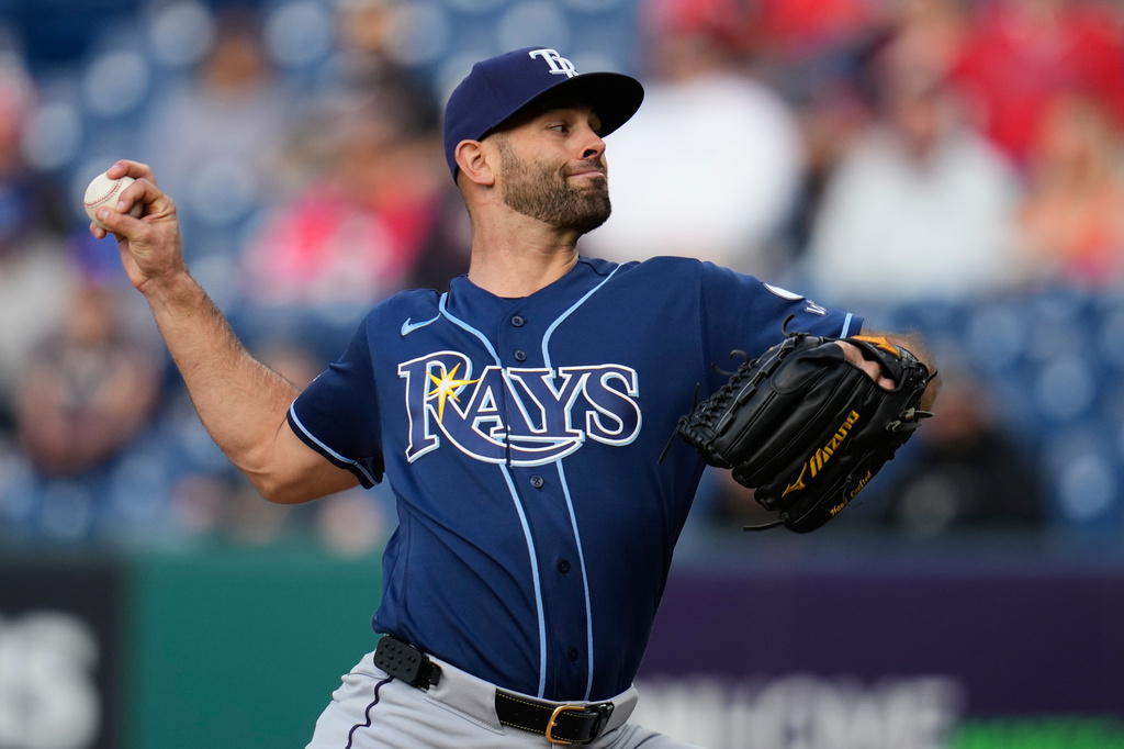 Tampa Bay Rays' Nick Martinez (28) pitches in the first inning of a baseball game against the Cleveland Guardians in Cleveland, Tuesday, April 28, 2026. (AP Photo/Sue Ogrocki)