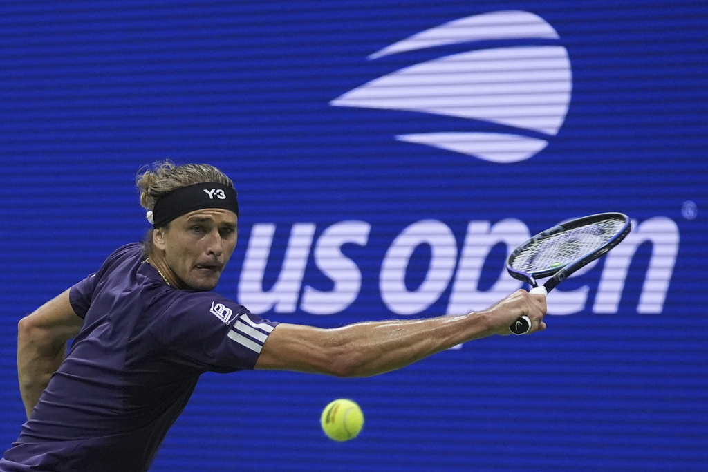 Alexander Zverev, of Germany, returns a shot against Alejandro Tabilo, of Chile, during the first round of the U.S. Open tennis championships, Wednesday, Aug. 27, 2025, in New York. (AP Photo/Frank Franklin II)
