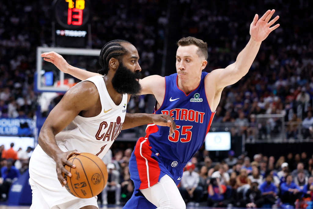 Cleveland Cavaliers guard James Harden (1) drives to the basket against Detroit Pistons forward Duncan Robinson (55) during the second half of Game 7 in a second-round NBA basketball playoffs series, Sunday, May 17, 2026, in Detroit. (AP Photo/Duane Burleson)