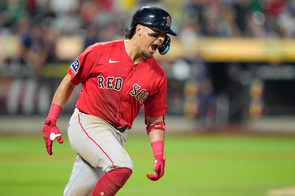 Boston Red Sox's Anthony Seigler celebrates after hitting a two-run home run during the seventh inning of a baseball game against the New York Mets Friday, July 10, 2026, in New York. (AP Photo/Frank Franklin II)