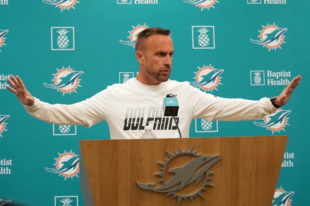 Miami Dolphins head coach Jeff Hafley speaks with the news media during practice at the team's NFL football training camp, Monday, Aug. 10, 2026, in Miami Gardens, Fla. (AP Photo/Lynne Sladky)