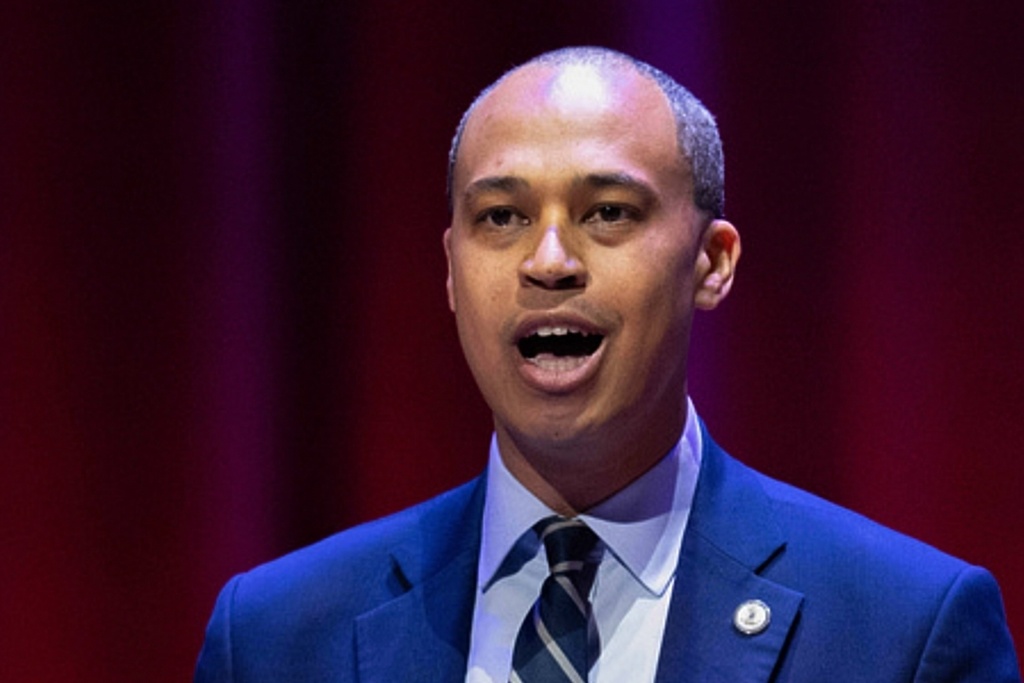 FILE - Democratic candidate for Virginia attorney general Jay Jones participates in the debate with Republican incumbent Jason Miyares in Richmond, Va., Oct. 16, 2025. (Mike Kropf/Richmond Times-Dispatch via AP, Pool, File)