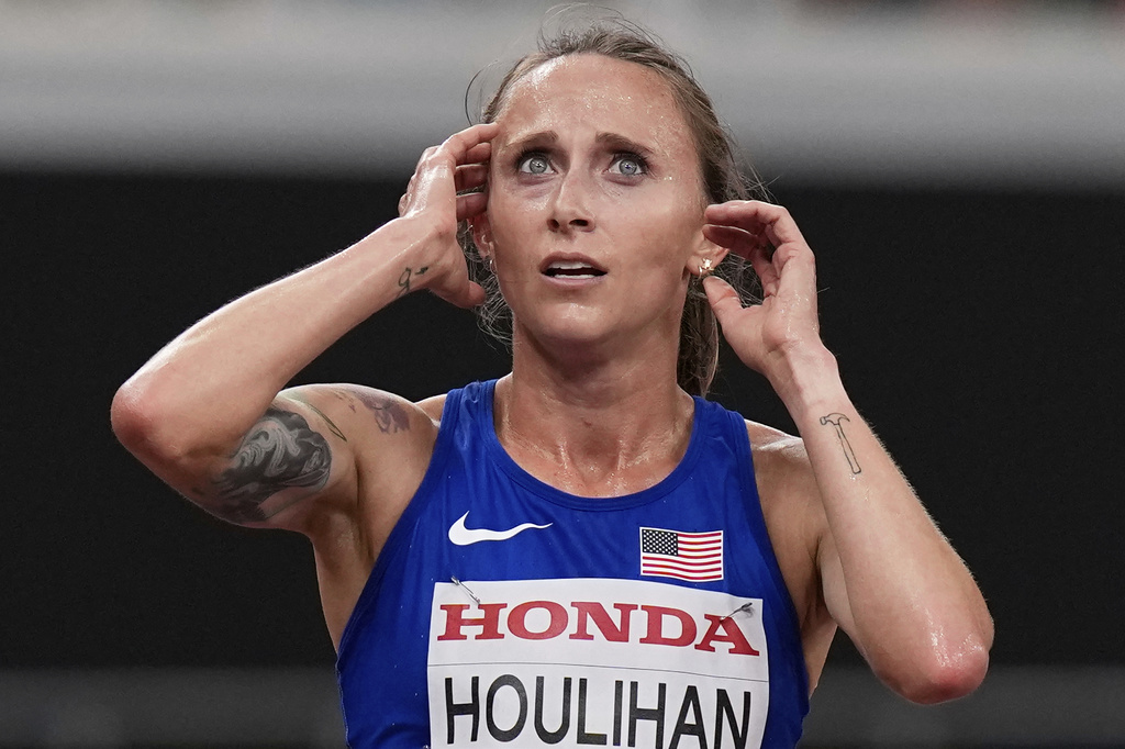 United States' Shelby Houlihan reacts after competing in women's 5,000 meters heat at the World Athletics Championships in Tokyo, Thursday, Sept. 18, 2025. (AP Photo/Eugene Hoshiko)