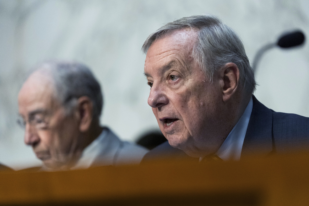 Senate Judiciary Committee ranking member Dick Durbin, D-Ill., right, with committee Chairman Chuck Grassley, R-Iowa, speaks, during an oversight hearing to examine the Federal Bureau of Investigation, on Capitol Hill, Tuesday, Sept. 15, 2026, in Washington. (AP Photo/Manuel Balce Ceneta)